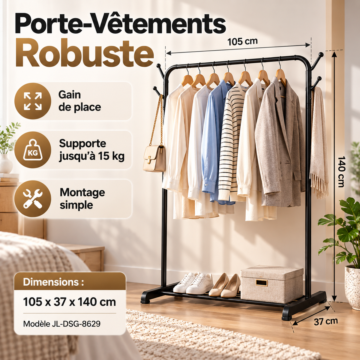 Porte-Vêtements Robuste JL-DSG-8629 — 105x37x140 cm, Charge 15 kg, Noir
