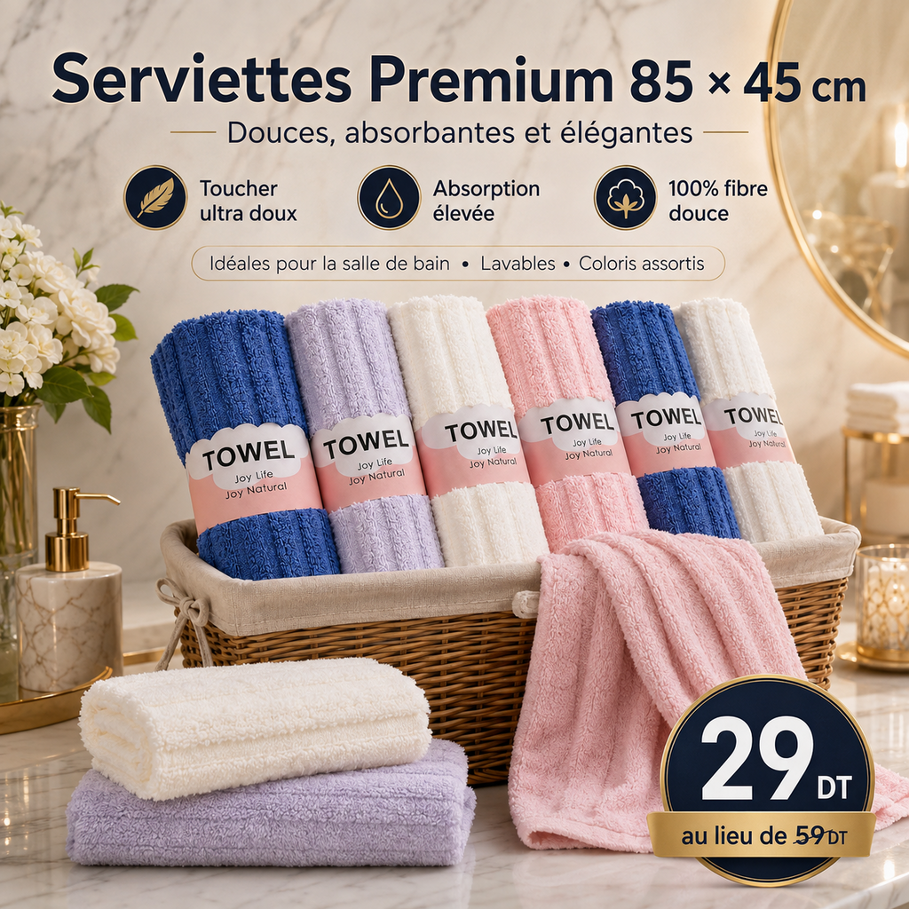 Lot de Serviettes 7 Pièces 100% Coton – Ultra Douces & Absorbantes 45x85cm