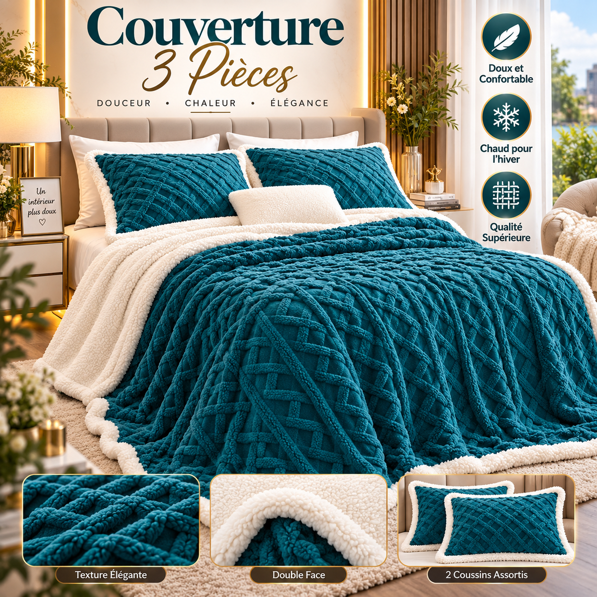Couverture 3 Pièces Double Face Velours Sherpa Bordeaux 230x210 cm