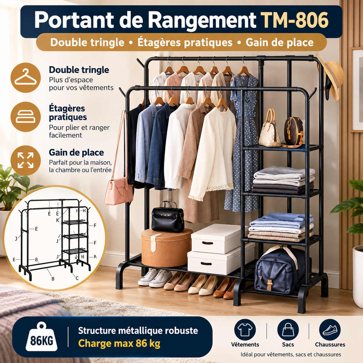 Portant de Rangement TM-806 Double Tringle & Étagères — Structure Métallique 86 kg