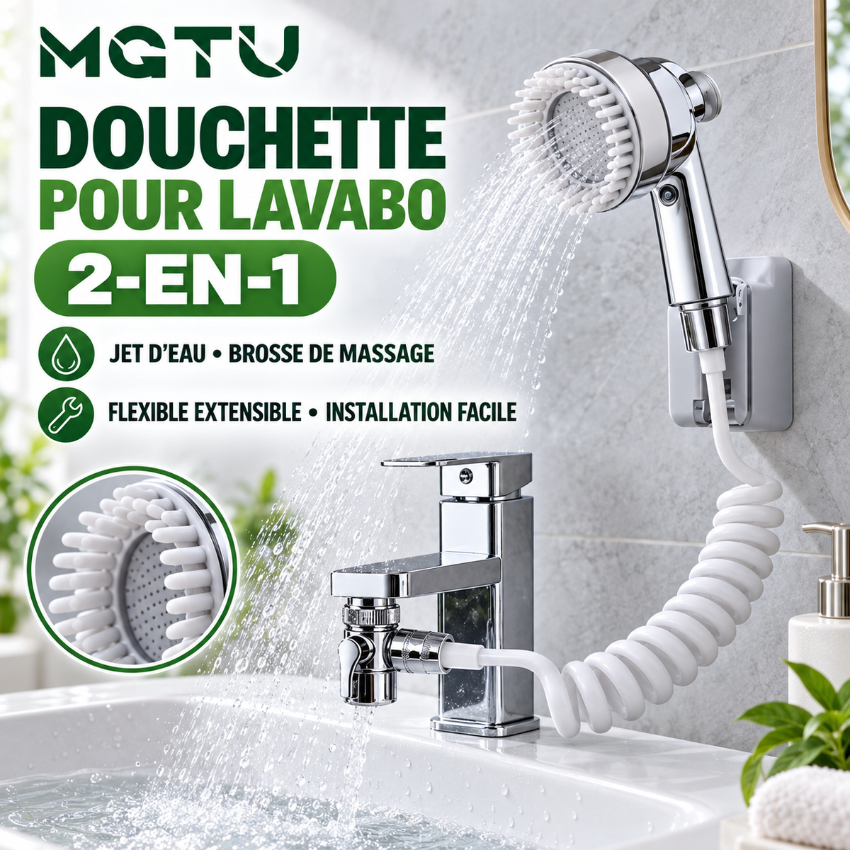 Douchette pour Lavabo 2-en-1 MGTU Jet Eau Brosse Massage Flexible Extensible Blanc Chromé