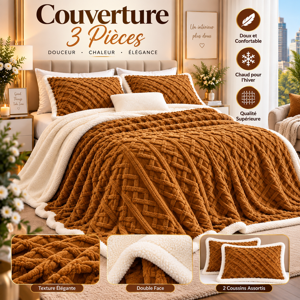 Couverture 3 Pièces Double Face Velours Sherpa Gris 230x210 cm