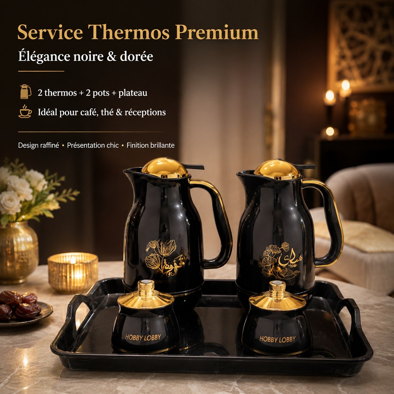 Service à Café Élégance Noir & Or  & blanc 5Pcs