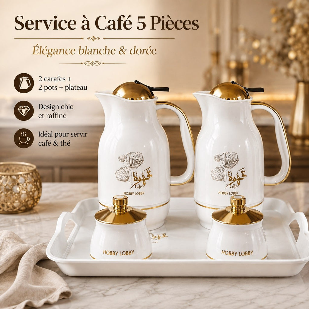 Service à Café Élégance Noir & Or  & blanc 5Pcs