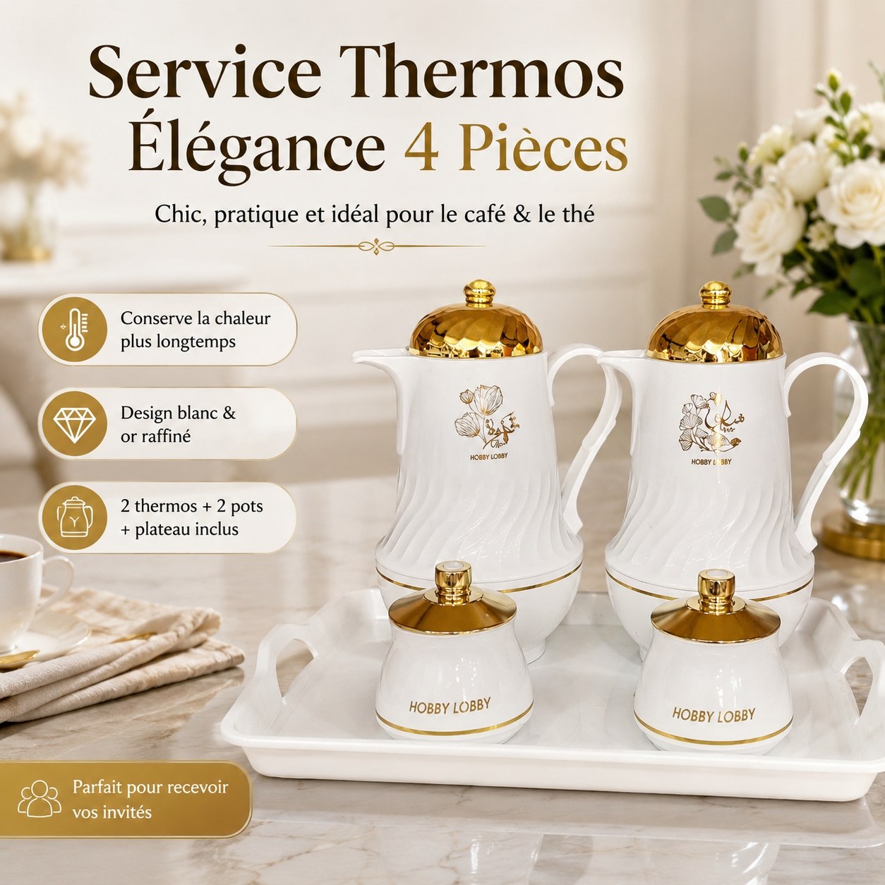 Service à Café Élégance Noir & Or  & blanc 5Pcs