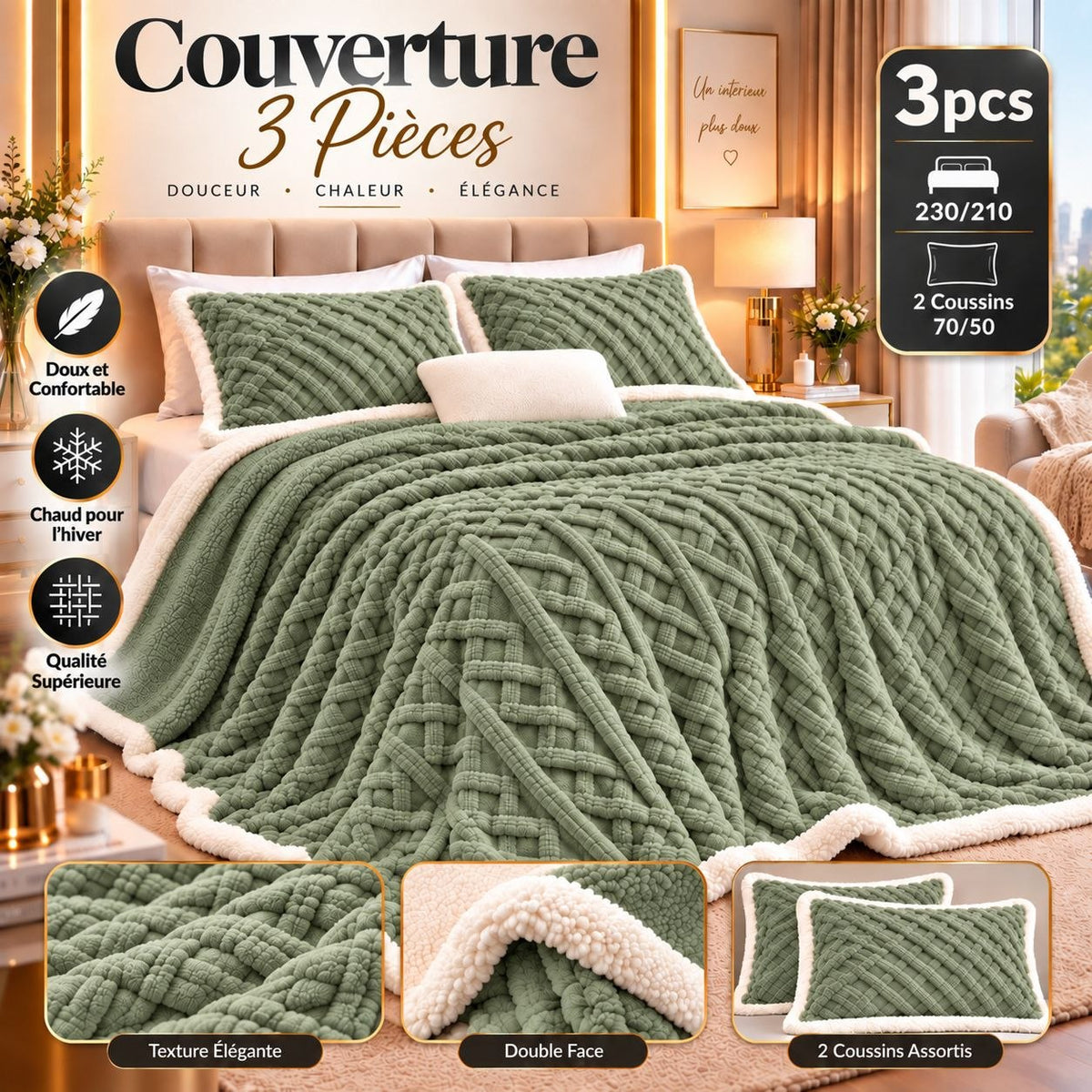 Couverture 3 Pièces Double Face Velours & Sherpa 230x210 cm – Chaud pour l’Hiver + 2 Coussins Assortis