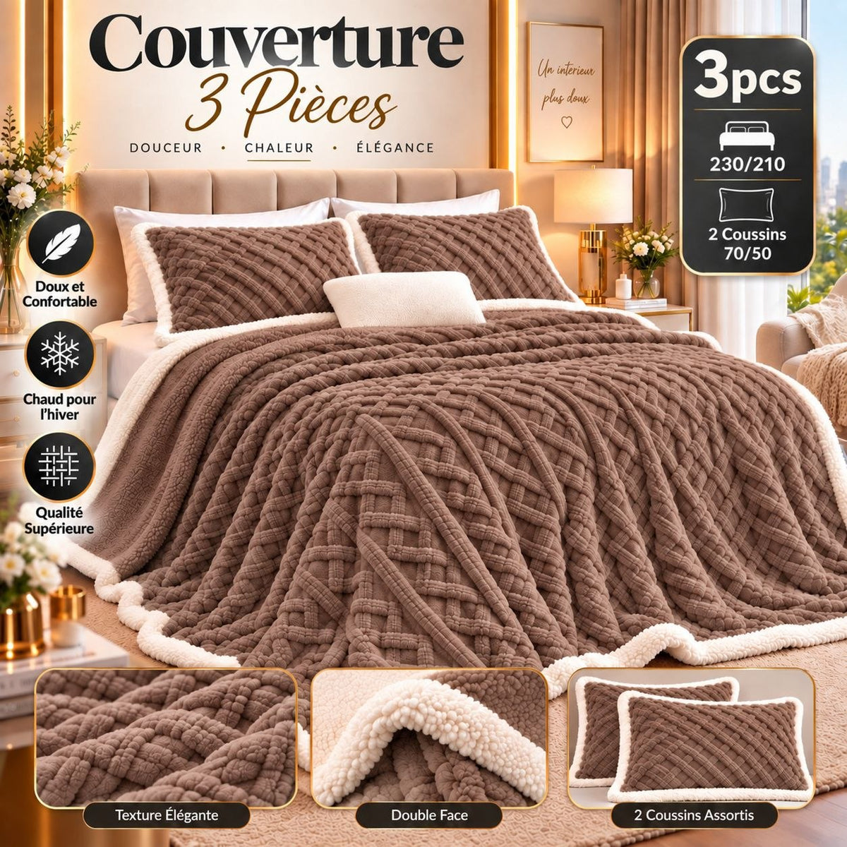 Couverture 3 Pièces Double Face Velours & Sherpa 230x210 cm – Chaud pour l’Hiver + 2 Coussins Assortis