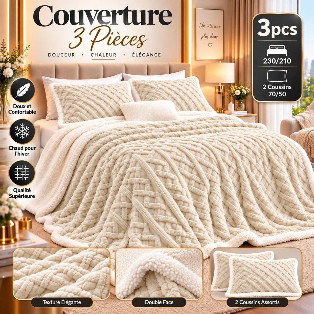 Couverture 3 Pièces Double Face Velours & Sherpa 230x210 cm – Chaud pour l’Hiver + 2 Coussins Assortis