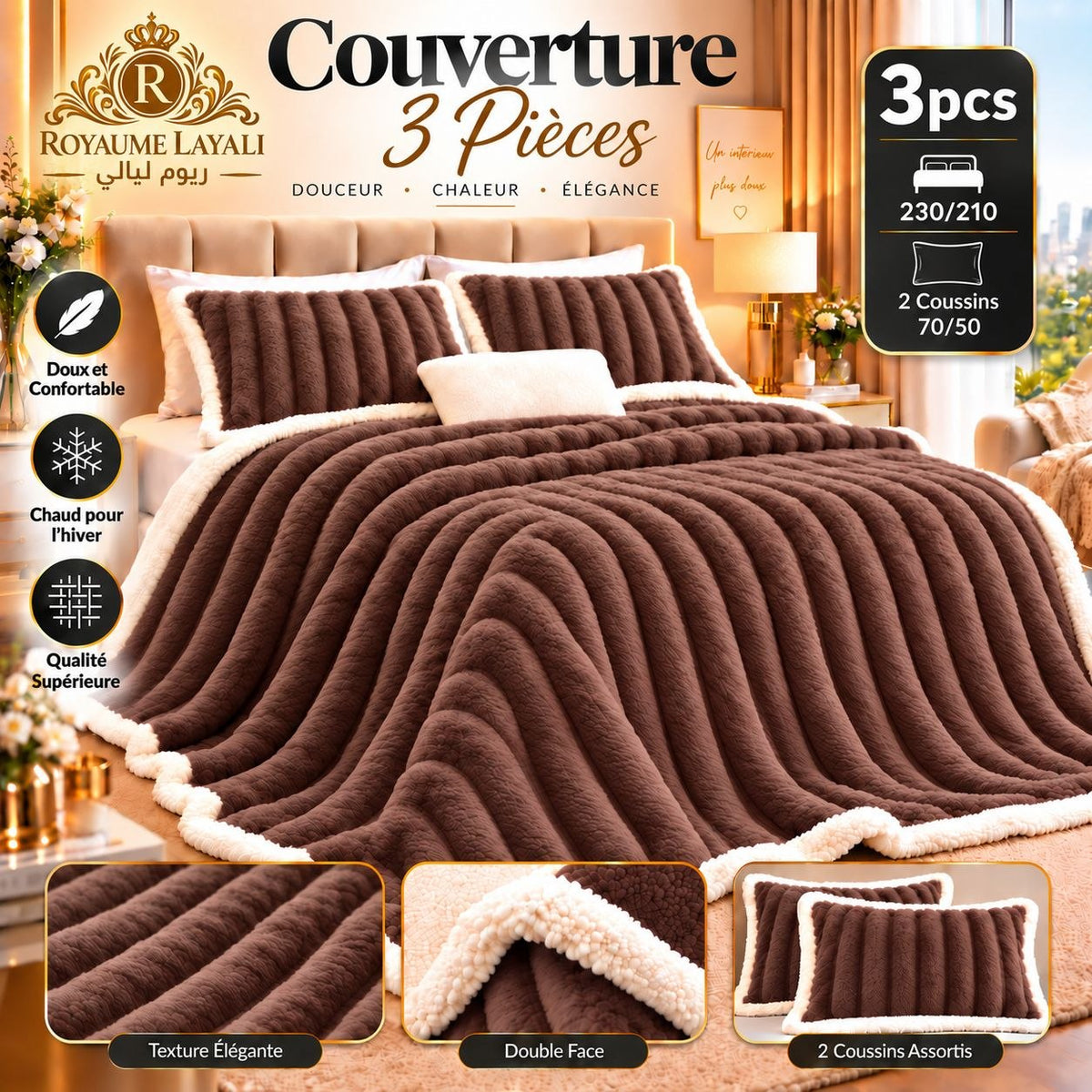 Couverture 3 pièces marron côtelée