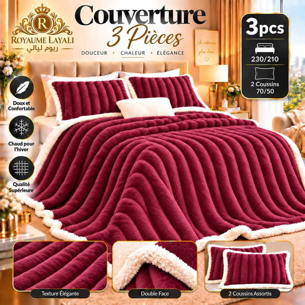 Couverture 3 pièces bordeaux côtelée