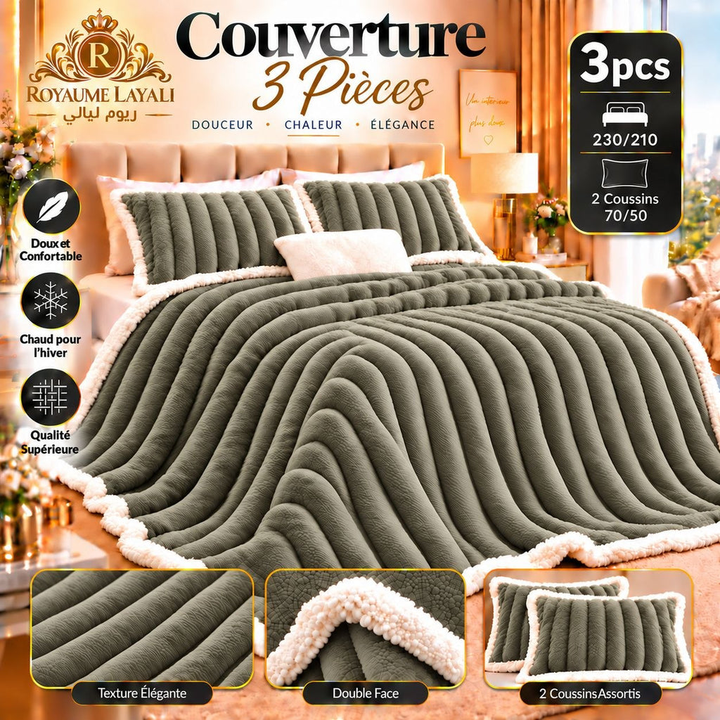 Couverture 3 pièces vert kaki côtelée