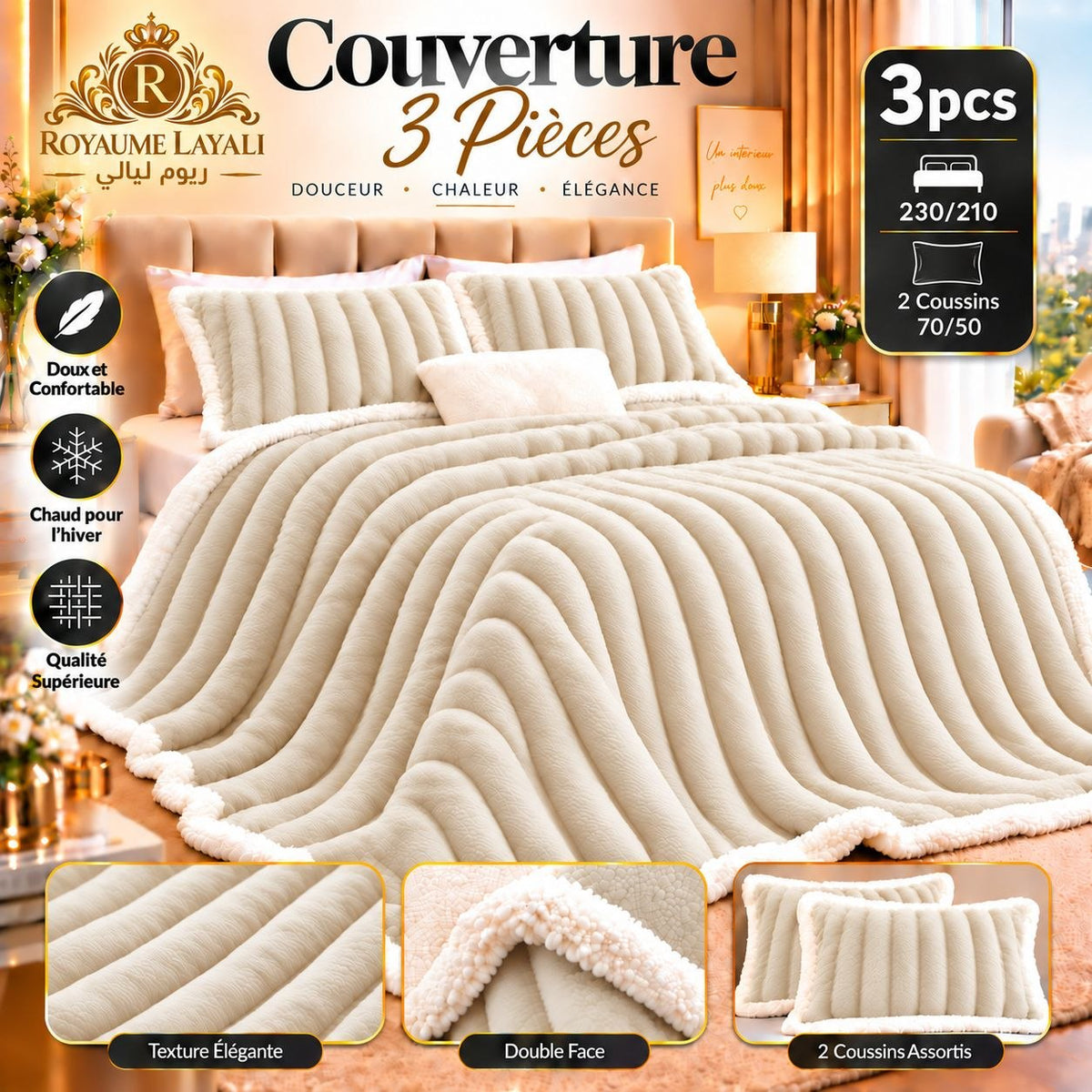 Couverture 3 pièces écru côtelée