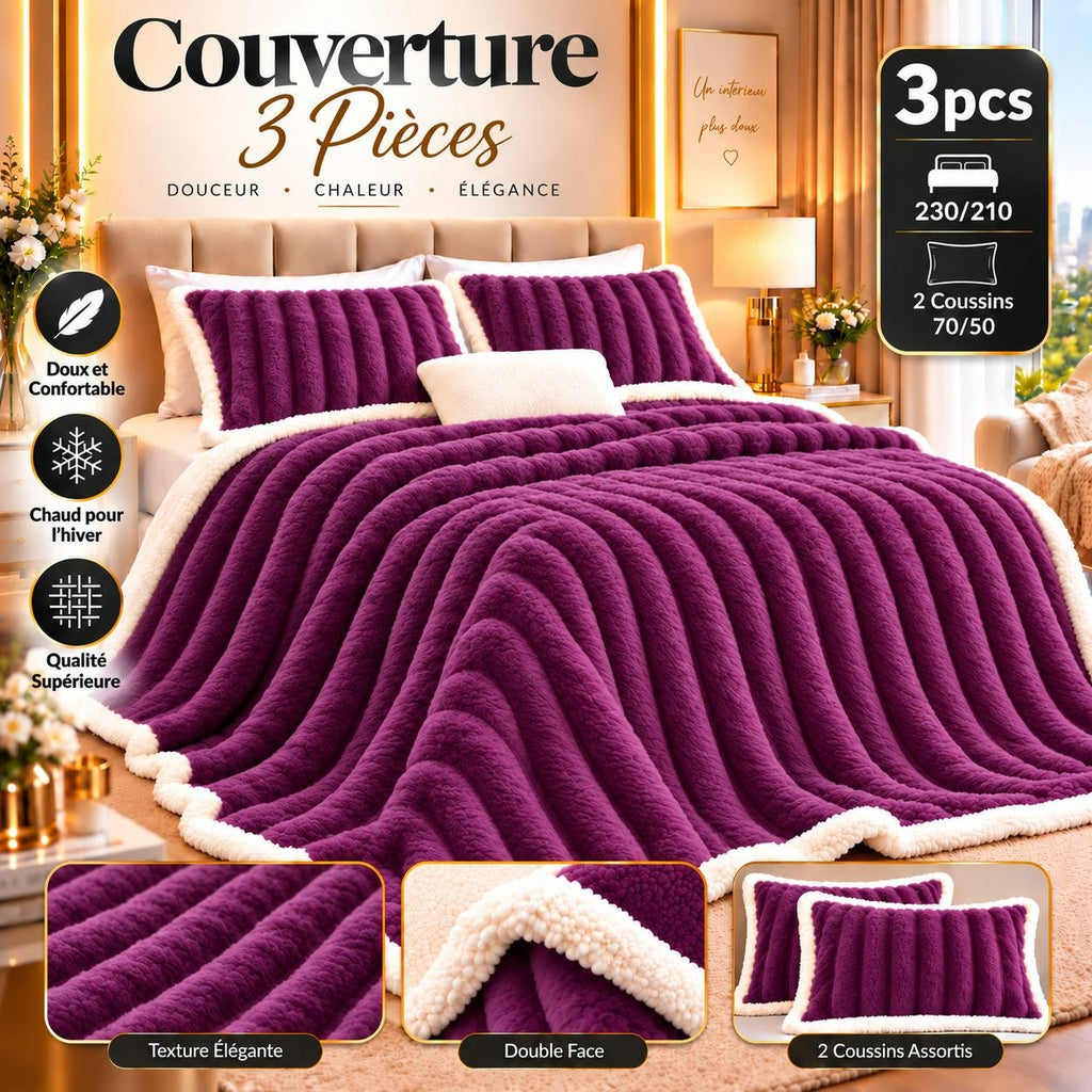Couverture 3 pièces violet côtelée