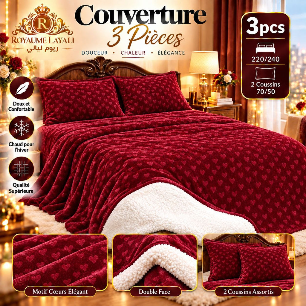 Couverture 3 pièces bordeaux à cœurs