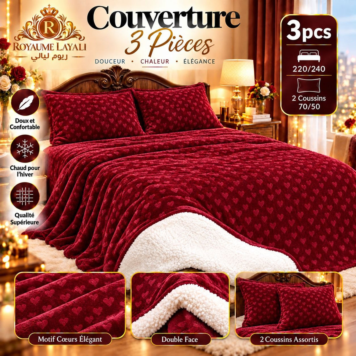 Couverture 3 pièces bordeaux à cœurs