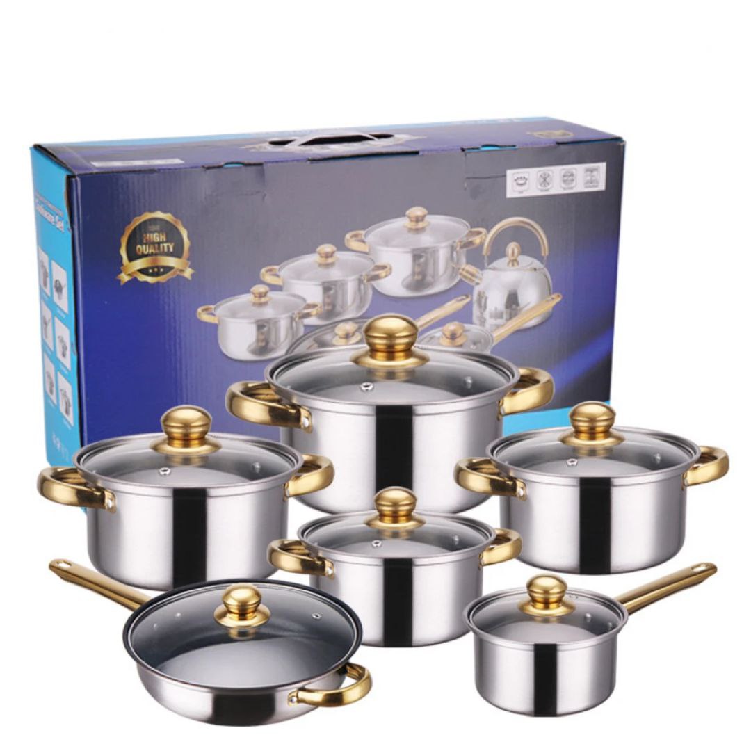 🟡 Batterie de Cuisine Inox – 12 Pièces (Poignées Dorées)