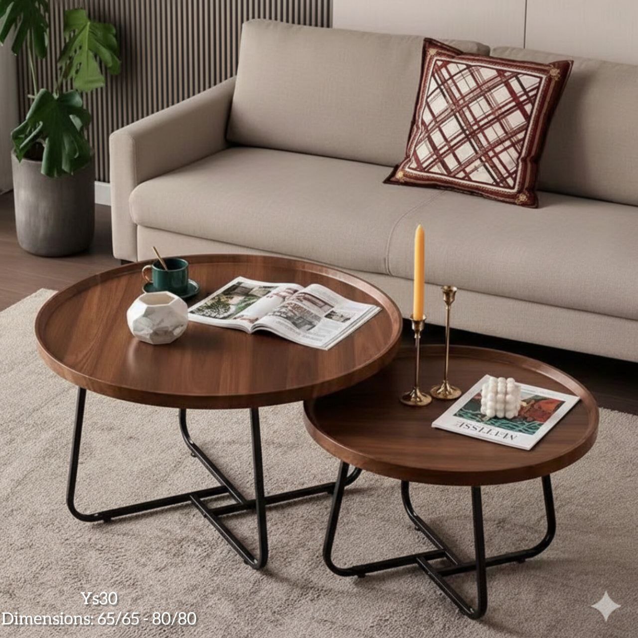 Set de 2 Tables Basses Rondes Bois & Métal – Modèle Ys30