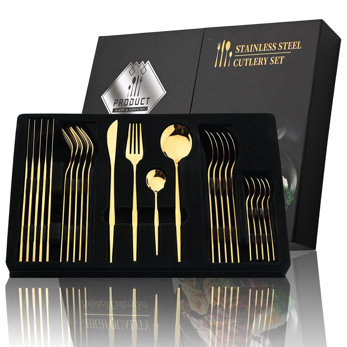 Coffret de Couverts en Acier Inoxydable Doré – 24 Pièces