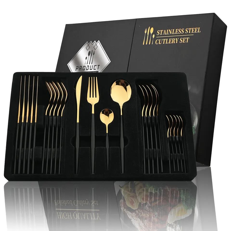 Coffret de Couverts en Acier Inoxydable Doré – 24 Pièces