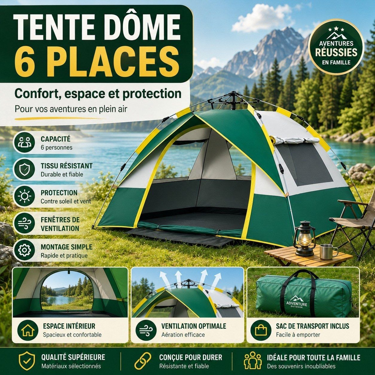Tente Dôme 6 Places Montage Rapide Camping Famille