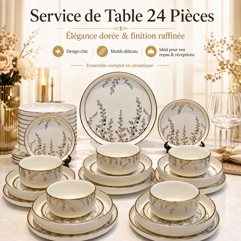 Service de Table 24 Pièces Céramique Dorée – Ensemble complet