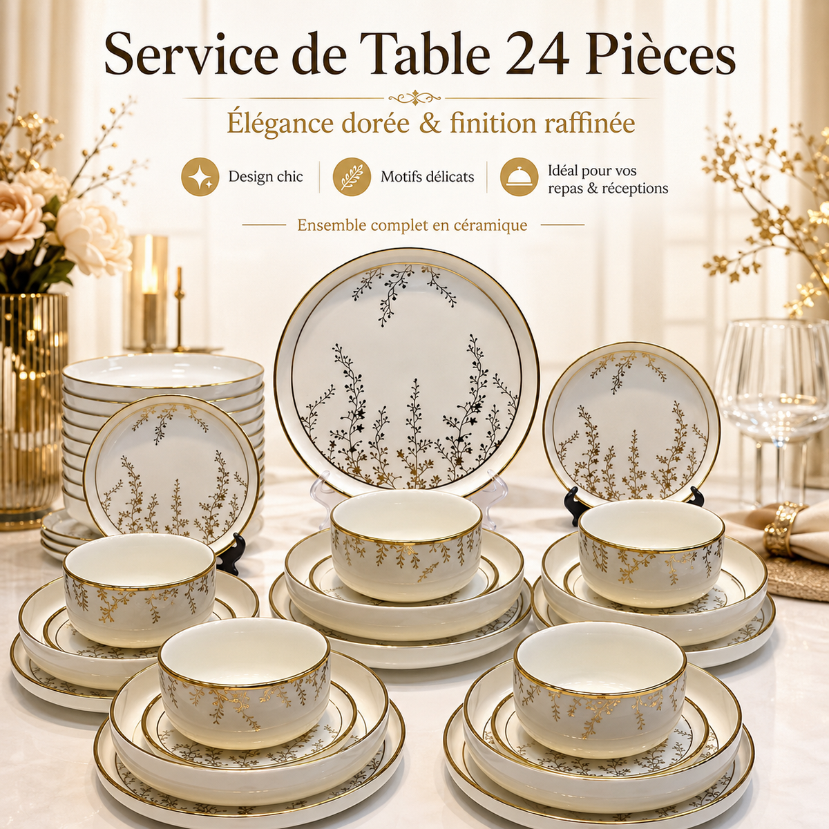 Service de Table 24 Pièces Céramique Dorée – Ensemble complet