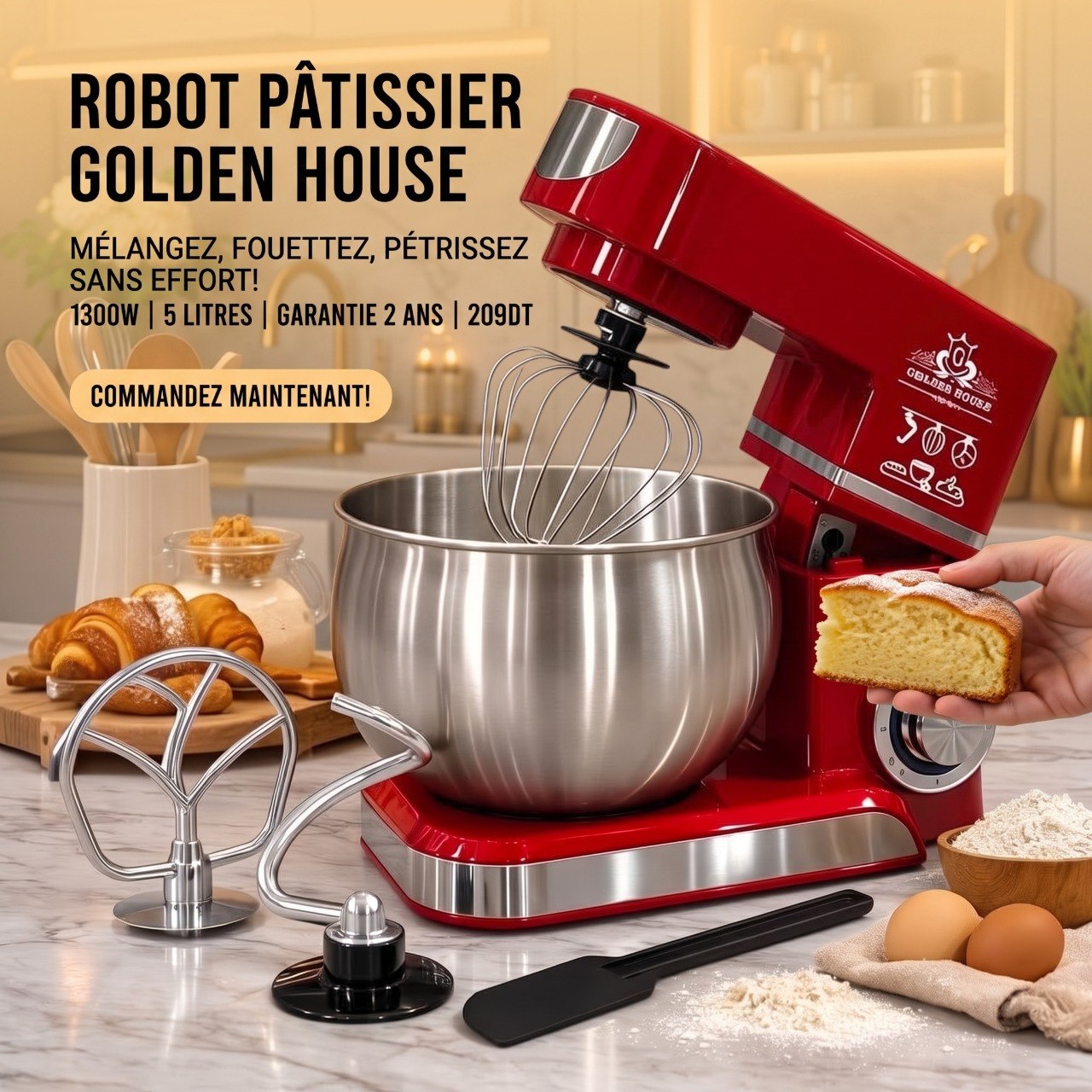 Robot Pâtissier Golden House 1300W 5 Litres Rouge Vue 2