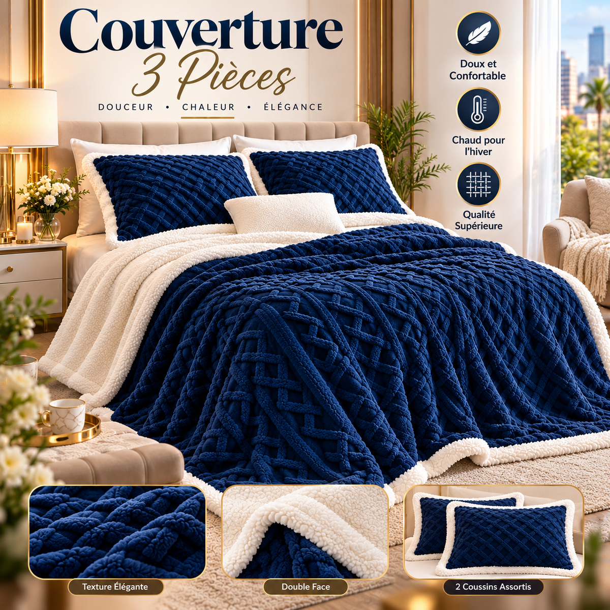 Couverture 3 Pièces Double Face Velours Sherpa Bleu Marine 230x210 cm