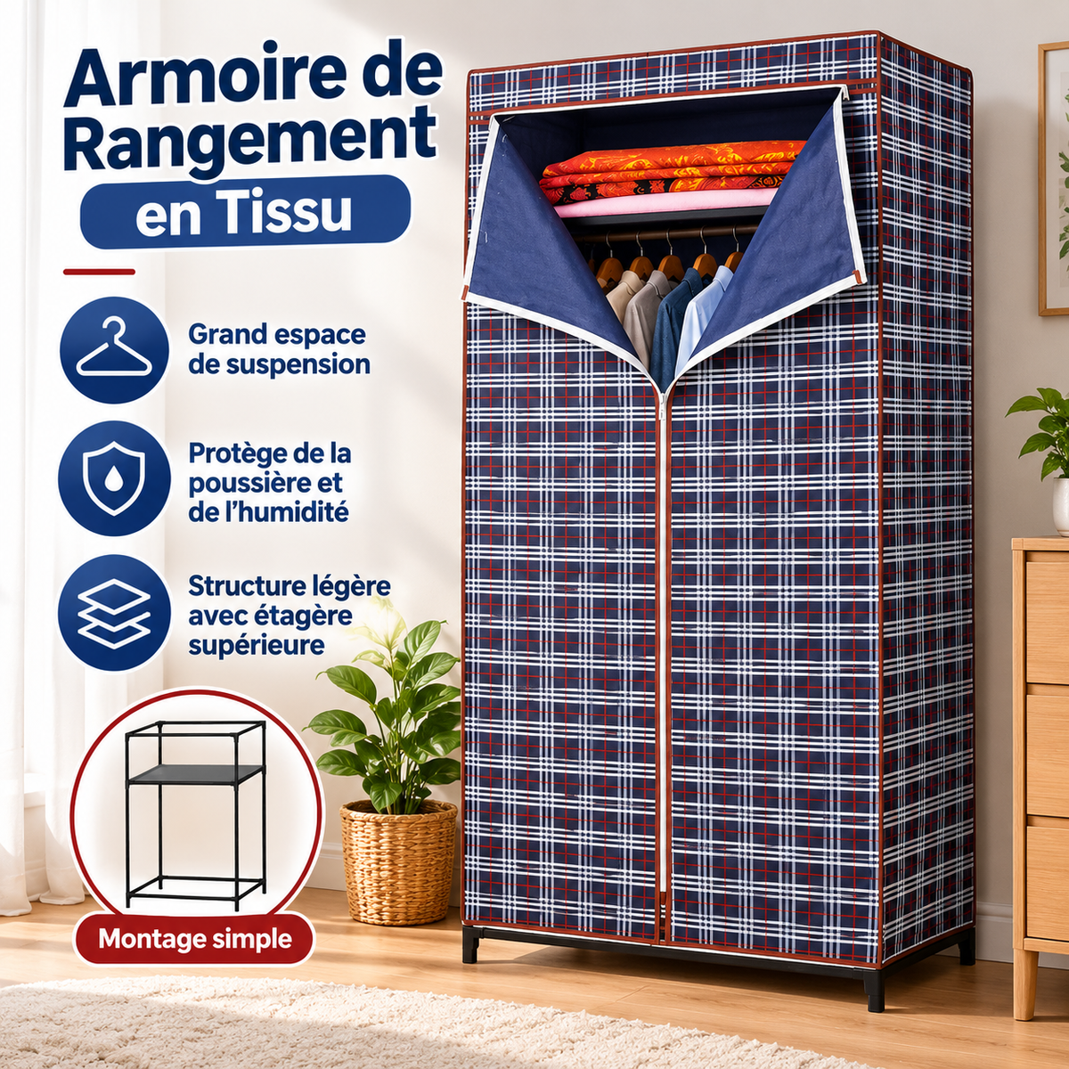 Armoire de Rangement en Tissu Carreaux Marine — Penderie avec Étagère