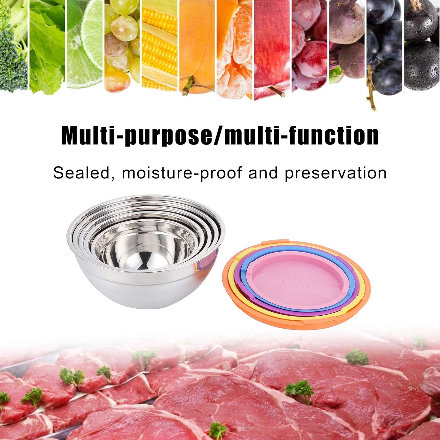 Set Bol Inox مع غطا ملوّن – 5 قياسات مختلفة ✨