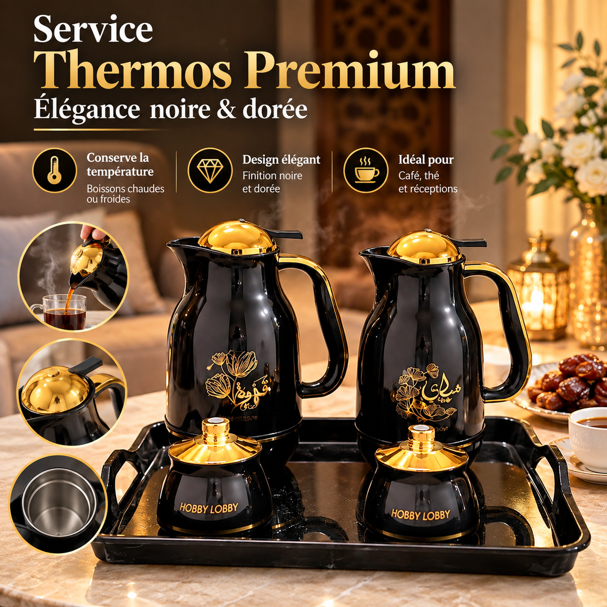 Service à Café Élégance Noir & Or  & blanc 5Pcs