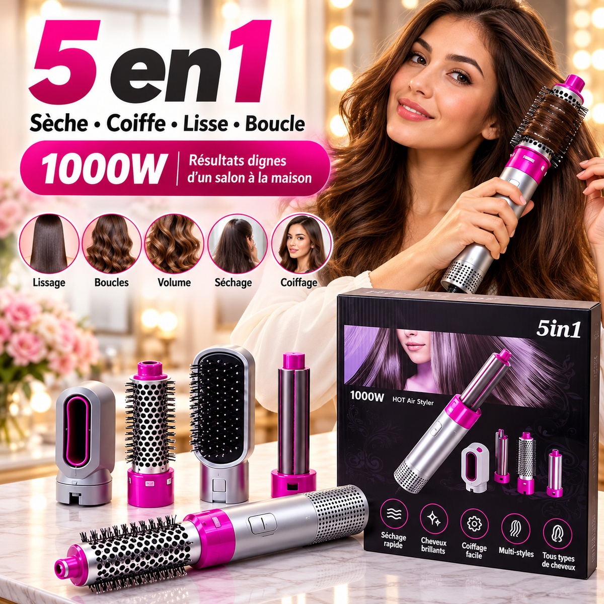 Brosse Soufflante 5 en 1 1000W Hot Air Styler — Rose & Argenté