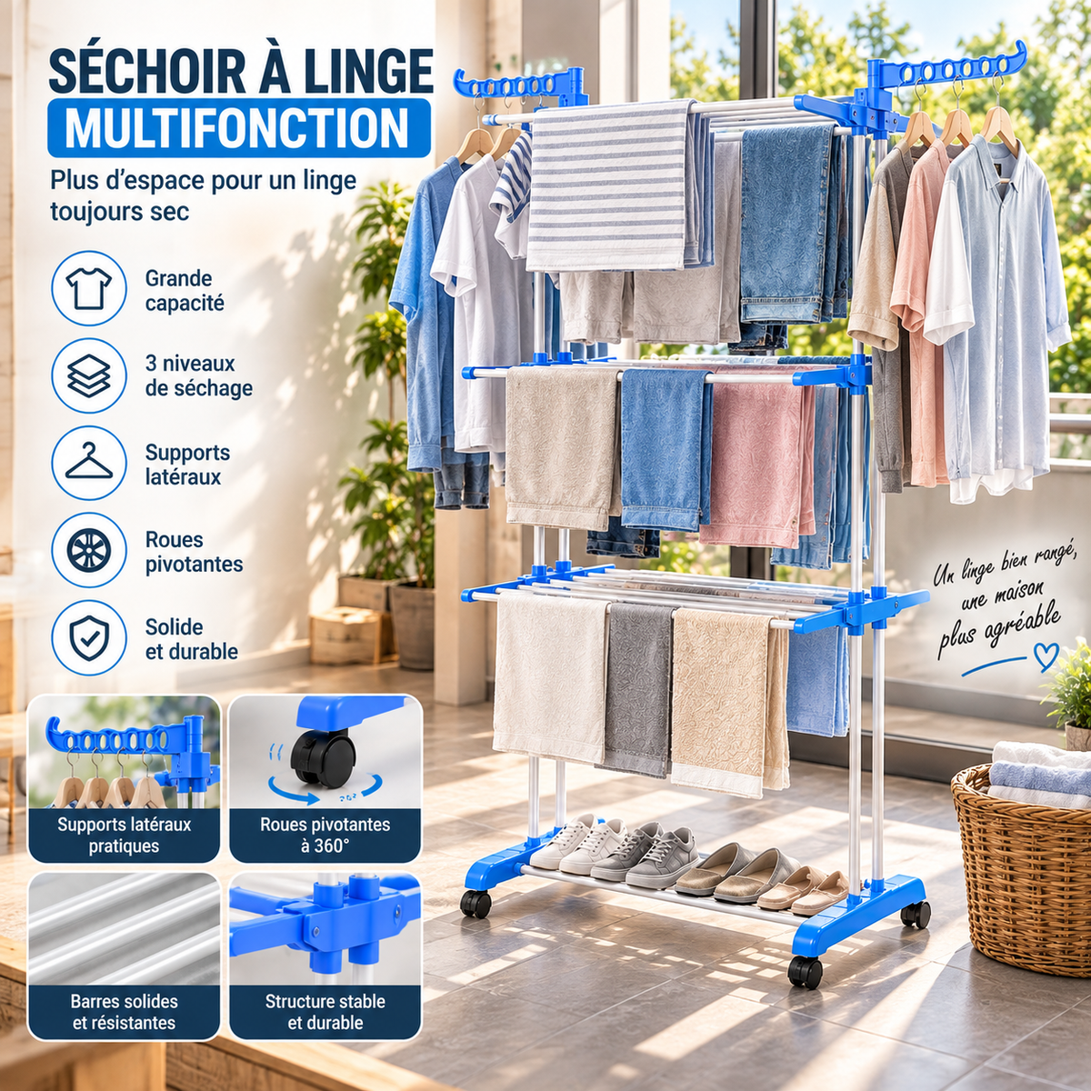 🧺 Seche Linge 3 Niveaux – Pliable et Mobile