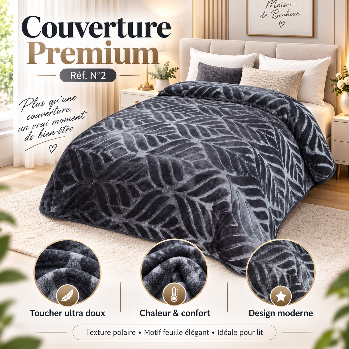 Couverture Velours Relief 3kg Gris Premium Ultra Douce
