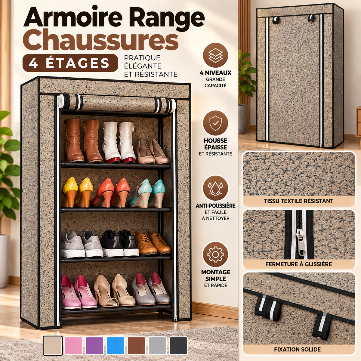 Armoire Range-Chaussures 4 Étages avec Housse Anti-poussière — Beige