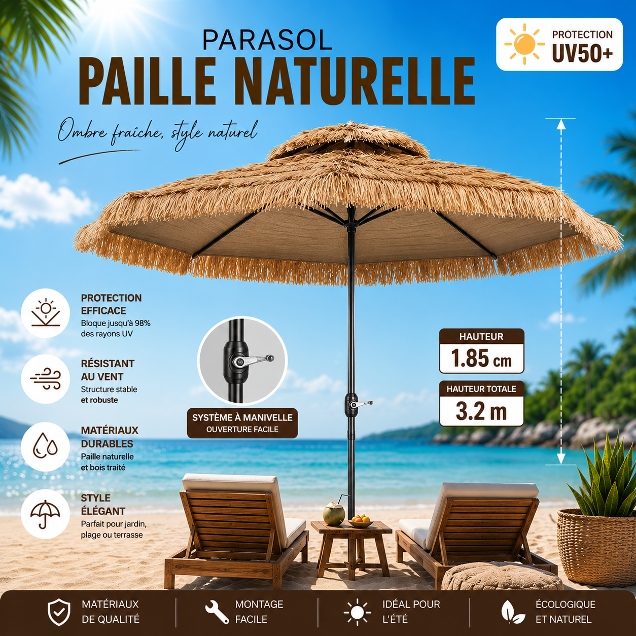 Parasol Paille Naturelle — Protection UV50+