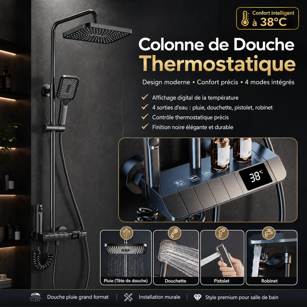 Colonne De Douche Thermostatique  4 modes d’eau + affichage digital 38°C