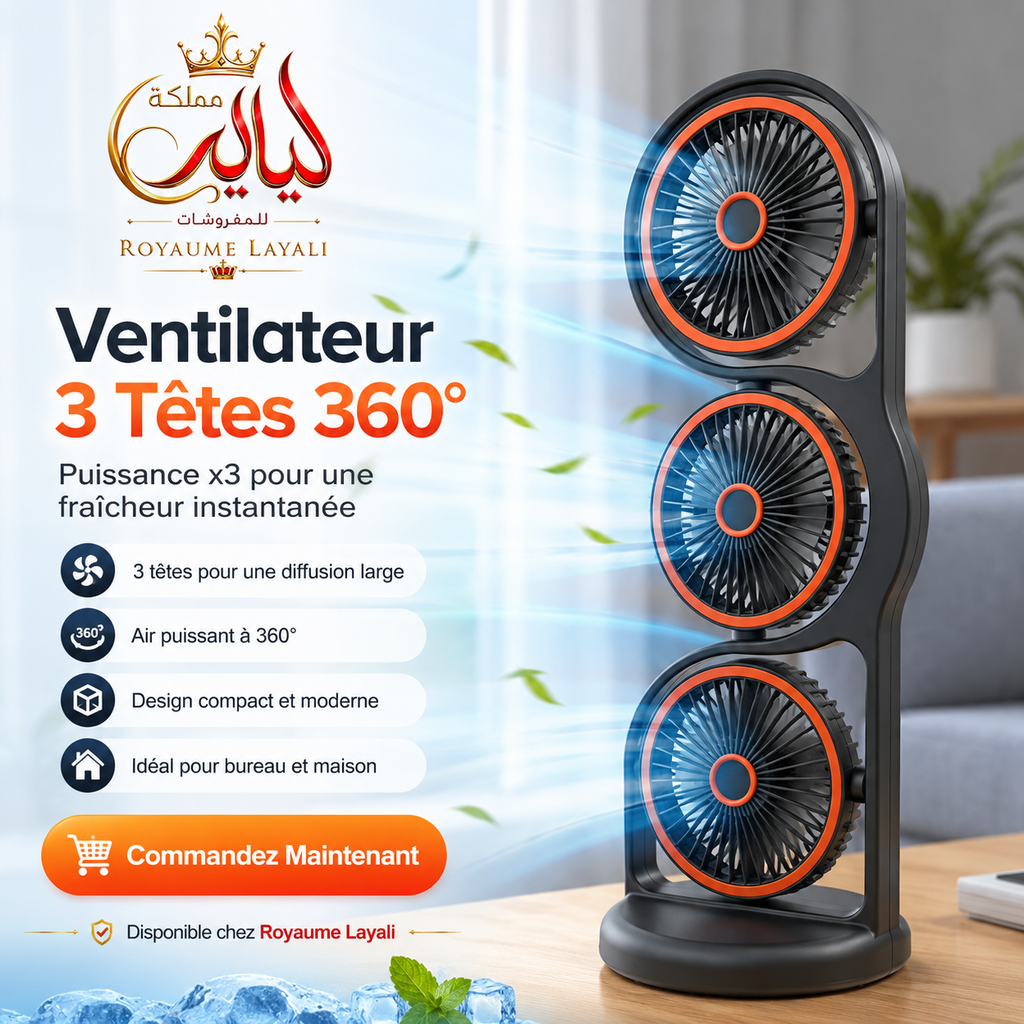 Ventilateur 3 Têtes 360° Rechargable