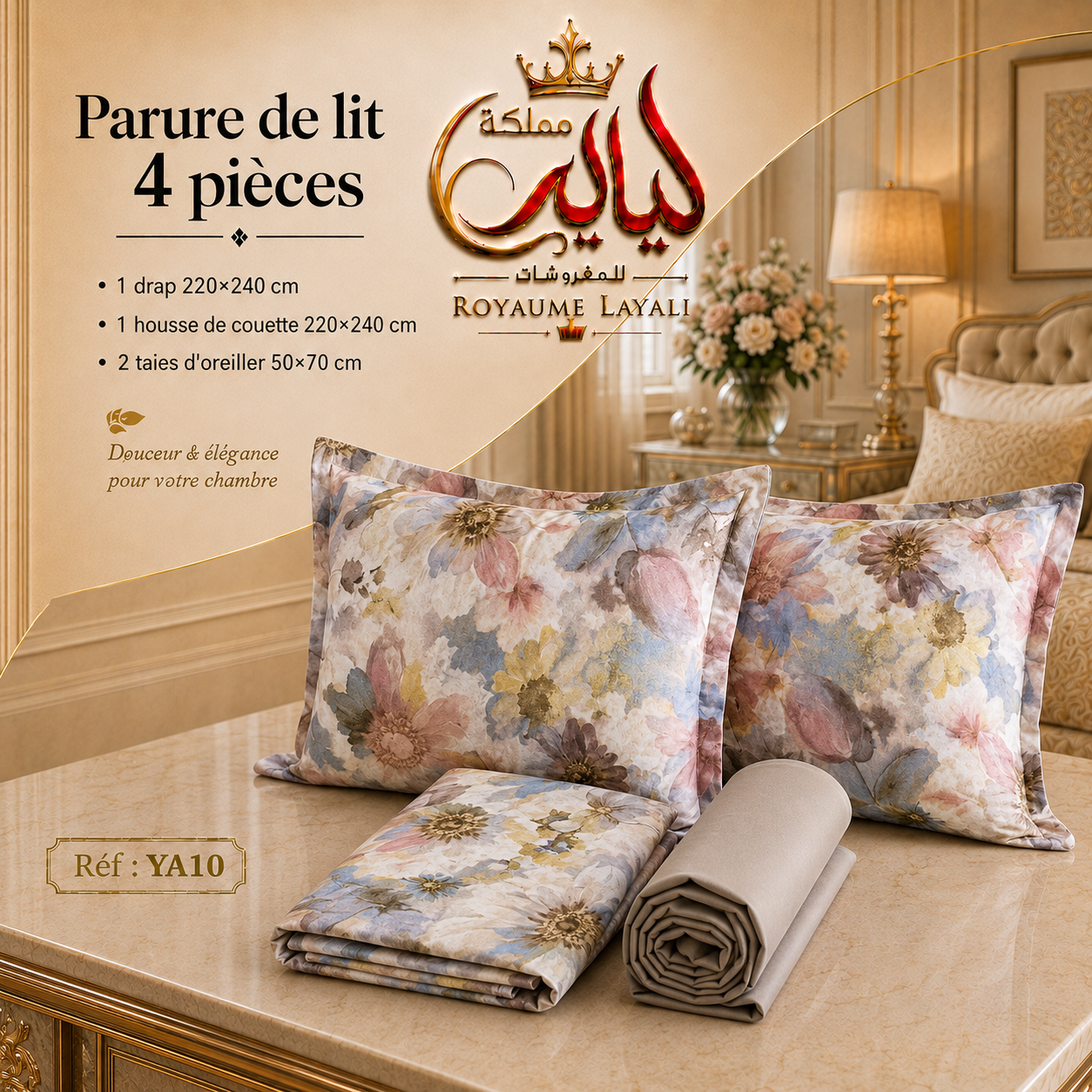 Parure de Lit 4 Pièces  – Dispo en 2 Places / 1 Place et Demi