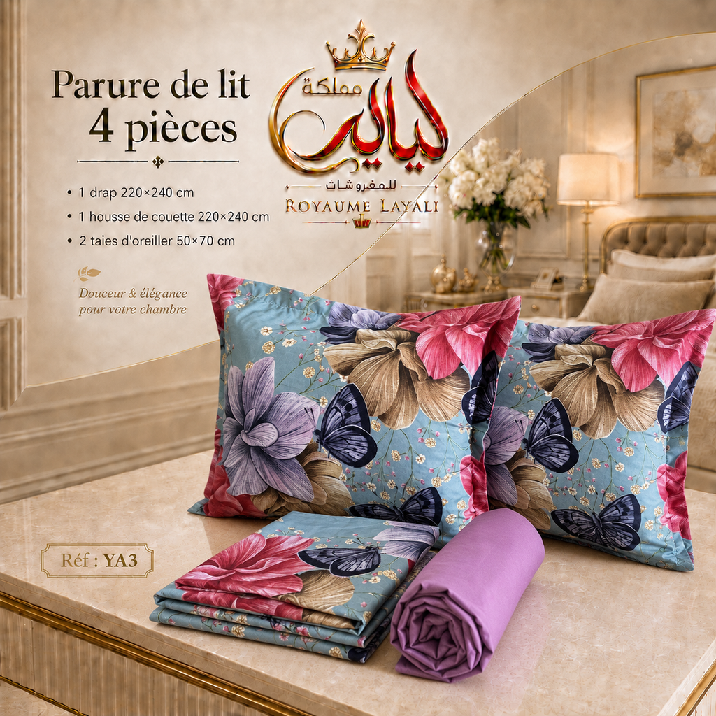 Parure de Lit 4 Pièces  – Dispo en 2 Places / 1 Place et Demi