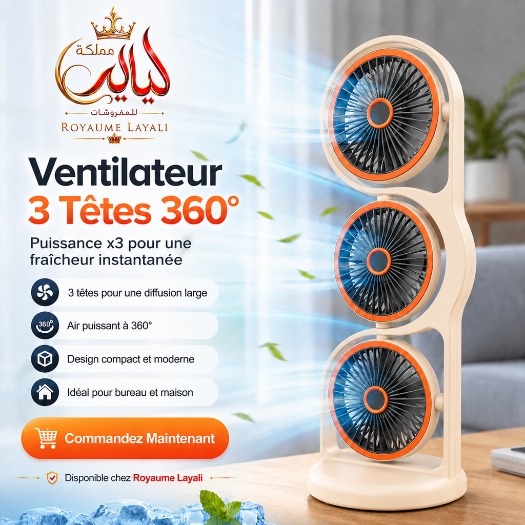 Ventilateur 3 Têtes 360° Rechargable