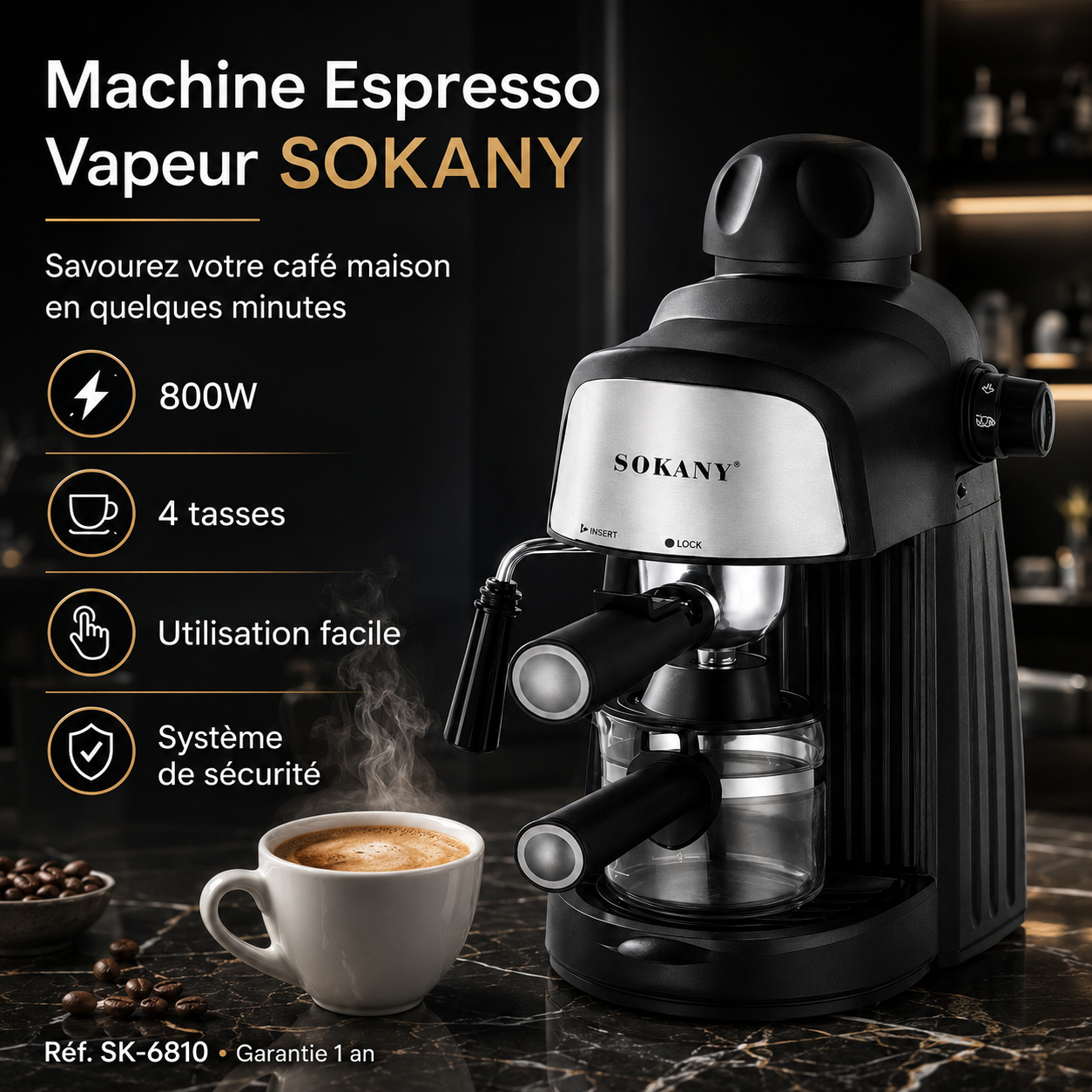 Machine Espresso Vapeur SOKANY SK-6810 800W 4 Tasses