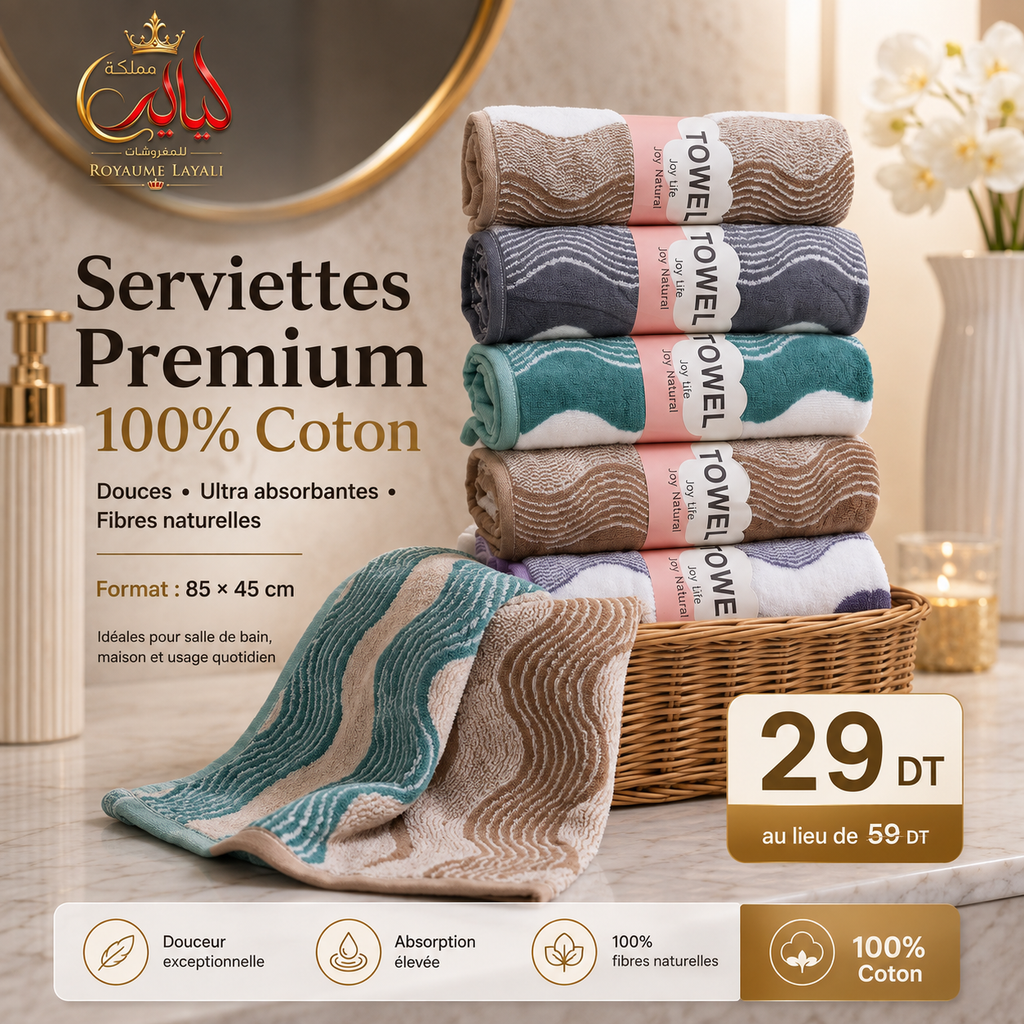 Lot de Serviettes 7 Pièces 100% Coton – Ultra Douces & Absorbantes 45x85cm