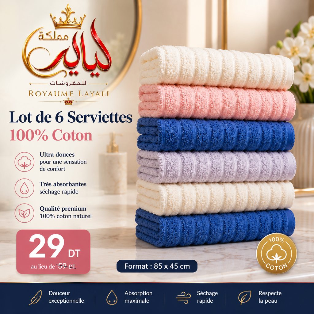 Lot de Serviettes 7 Pièces 100% Coton – Ultra Douces & Absorbantes 45x85cm