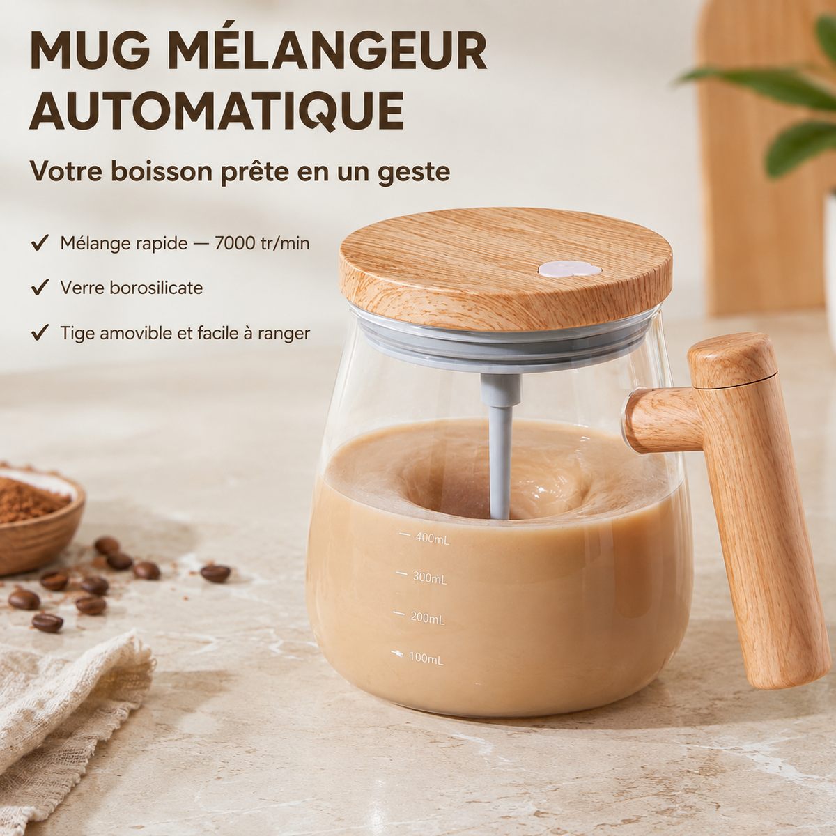 Mug Mélangeur Automatique Verre Borosilicate 400ml Couvercle Bois Naturel