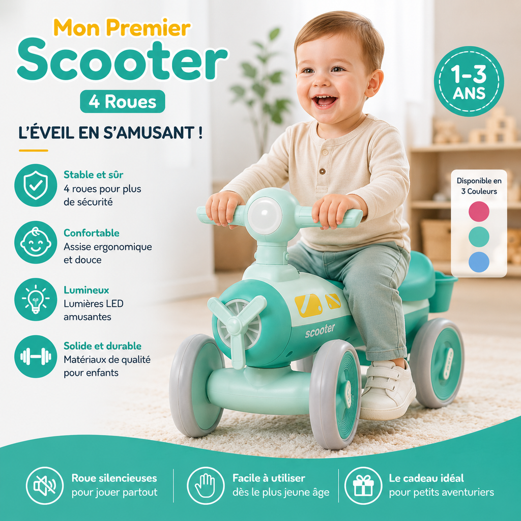 Mon Premier Scooter 4 Roues Vert Menthe 1-3 Ans LED