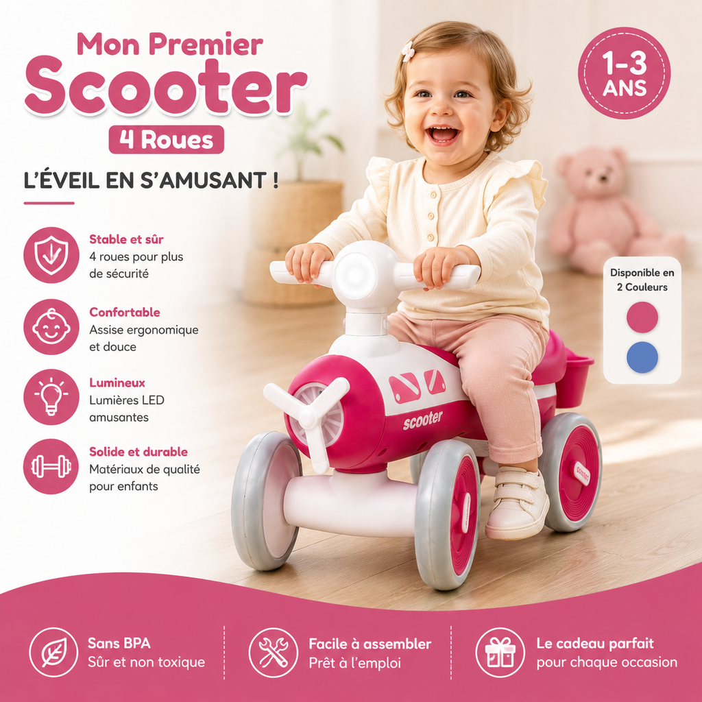 Mon Premier Scooter 4 Roues Rose 1-3 Ans LED