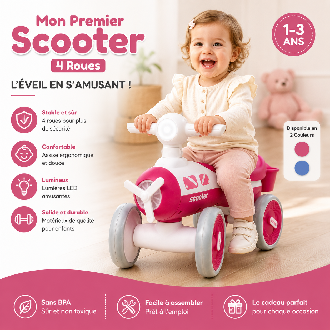 Mon Premier Scooter 4 Roues Rose 1-3 Ans LED