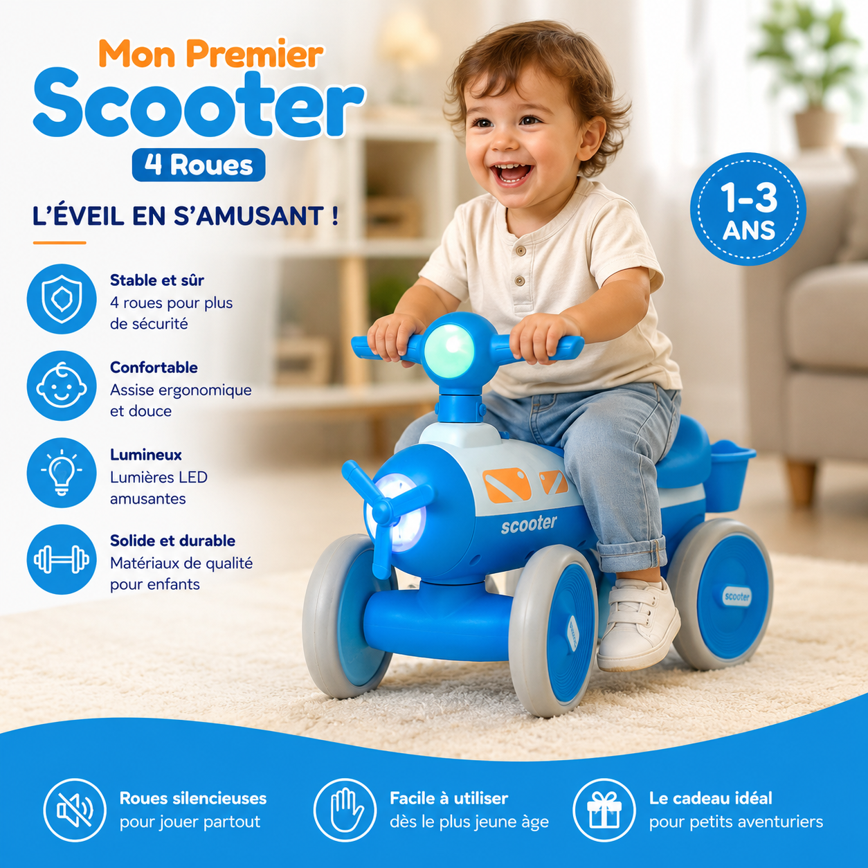 Mon Premier Scooter 4 Roues Bleu 1-3 Ans LED