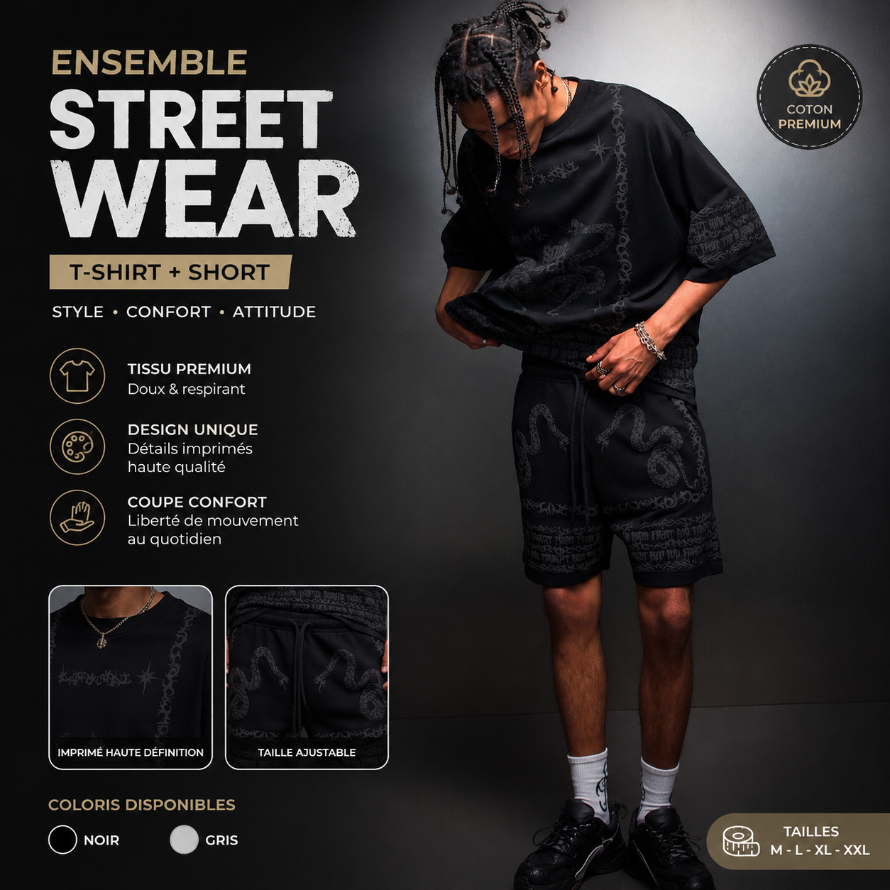 Ensemble Streetwear Dragon Noir – T-shirt + Short
